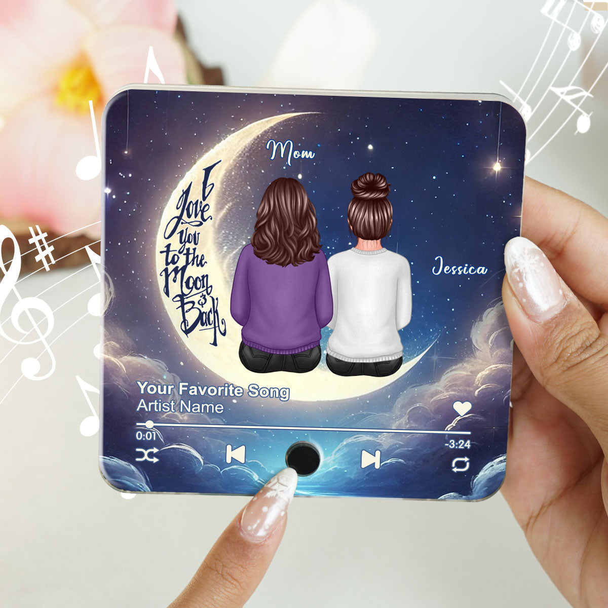Mom & Daughter Sitting On The Moon Personalized Music Fridge Magnet, Perfect 2025 Gift For Mom
