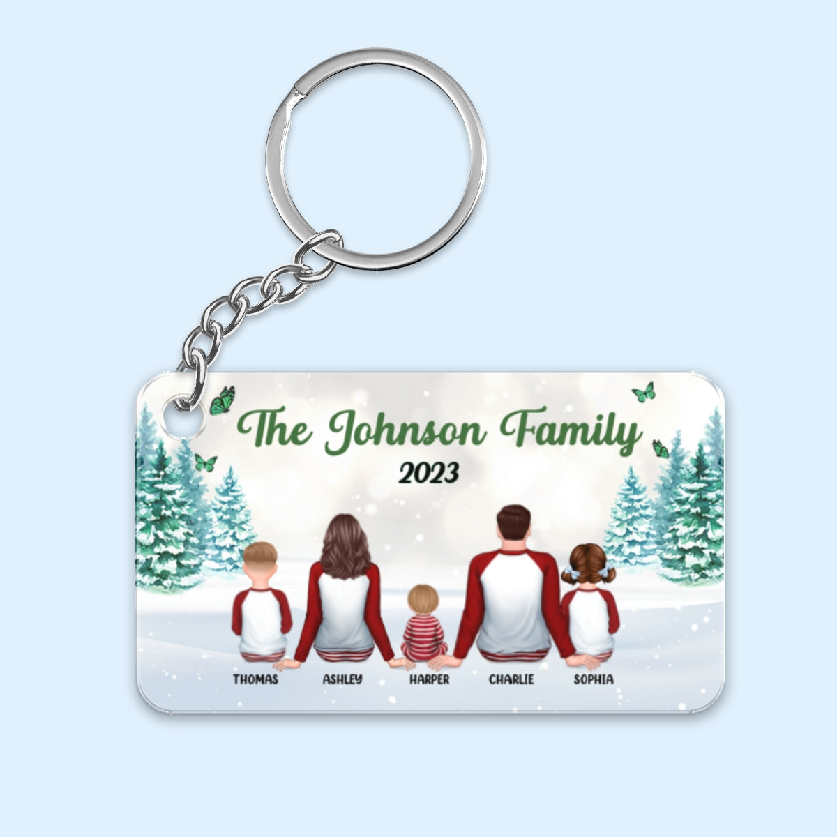 Family Sitting In Snow Christmas Personalized Acrylic Keychain