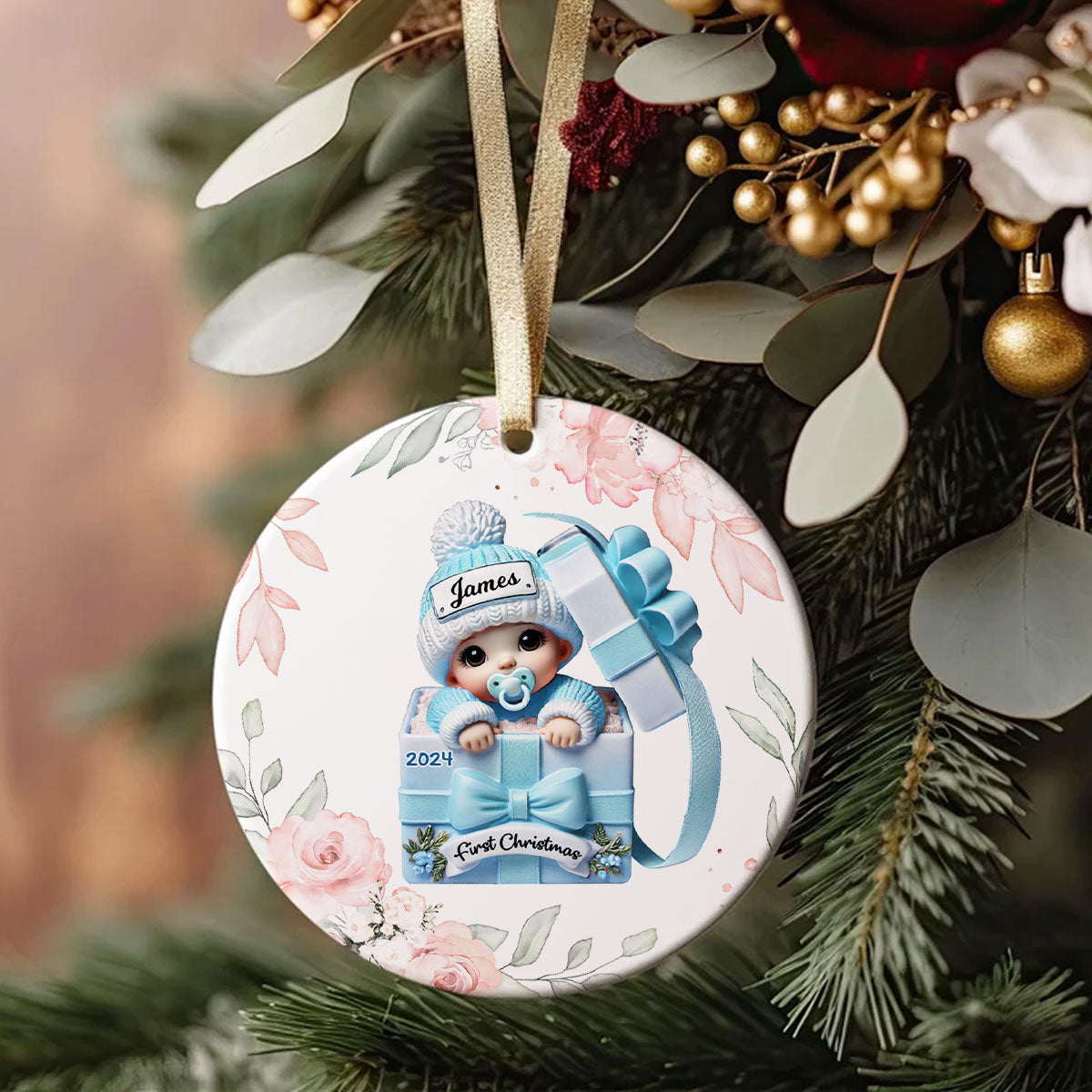 Floral Wreath Baby Inside Gift Box Personalized Ceramic Ornament, Baby First Christmas Keepsake