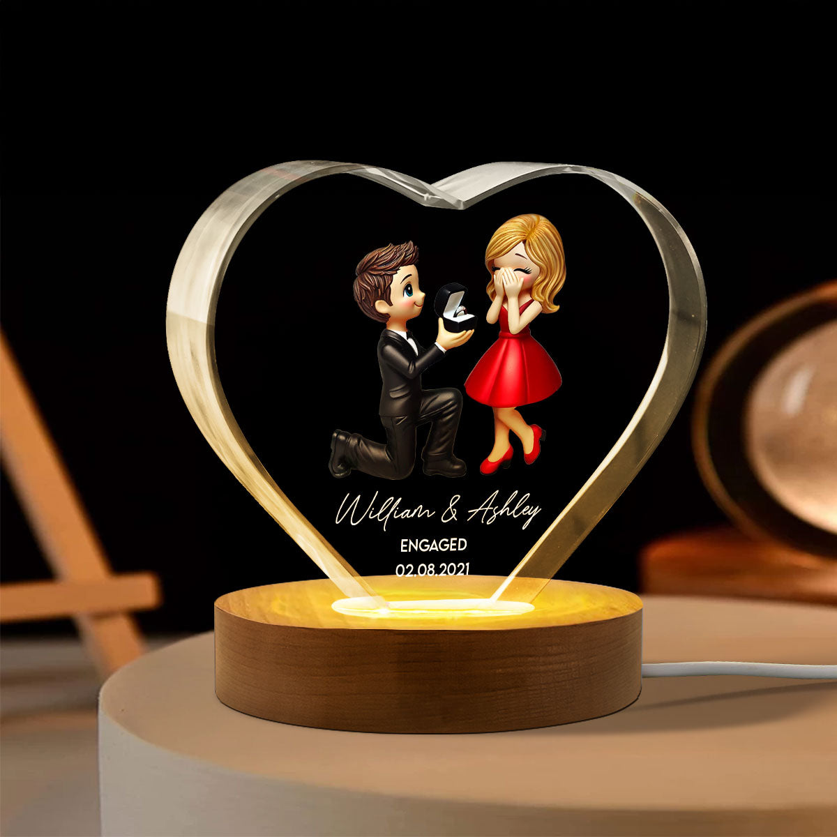 Marriage Proposal 3D Effect Personalized Crystal Heart LED,  Engagement Gift for her, Free Delivery