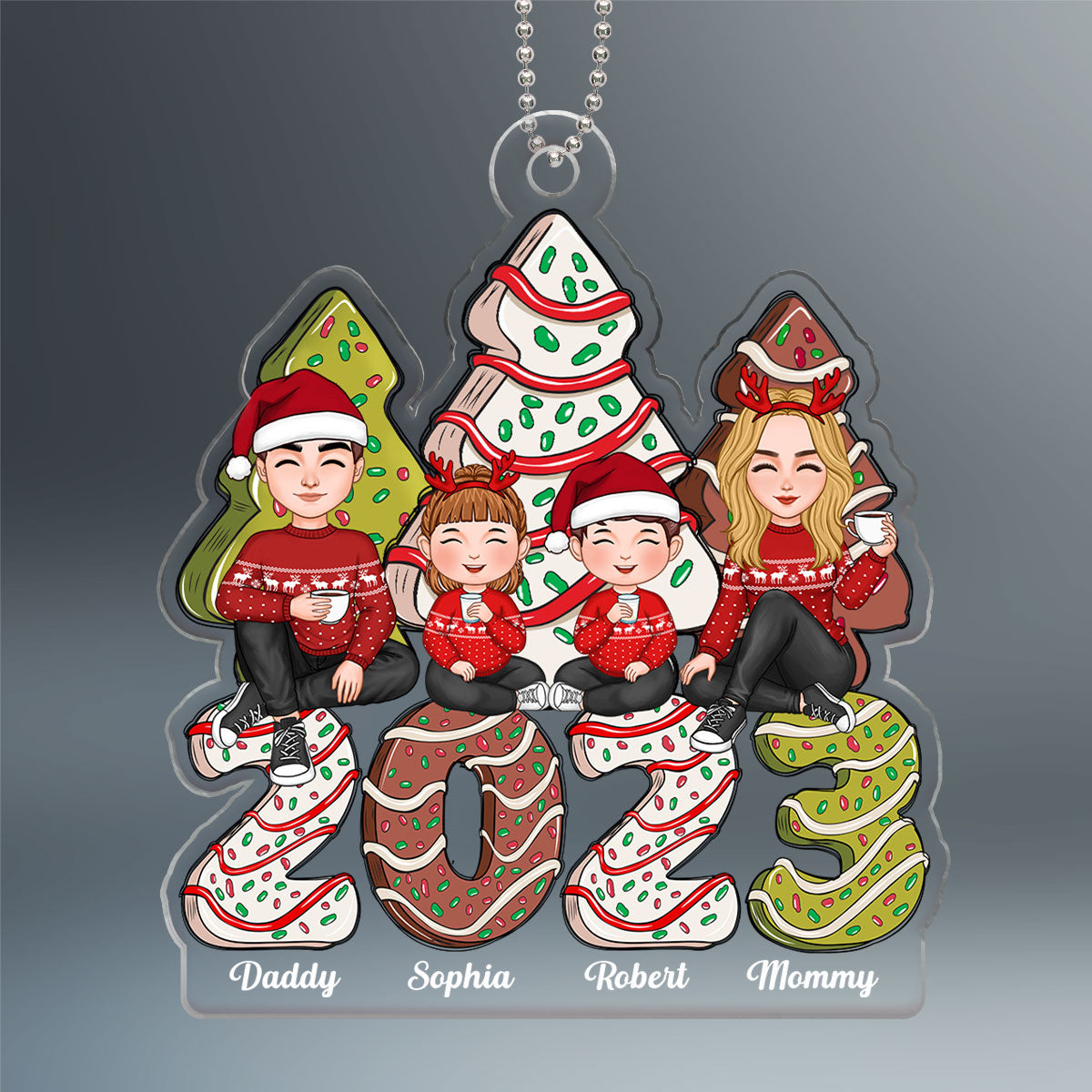 Cute Family Sitting Christmas Tree Cake Patterned Personalized Acrylic Ornament