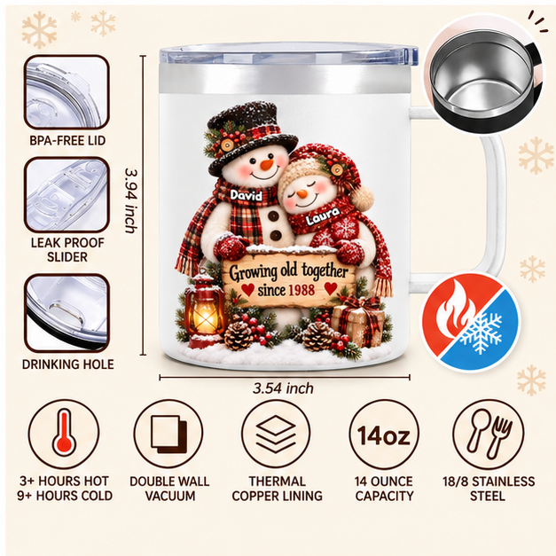 Snowman Couple Hugging Growing Old Together - Personalized Stainless Steel Tumbler With Handle - Heartfelt Christmas Gift for Her, for Him