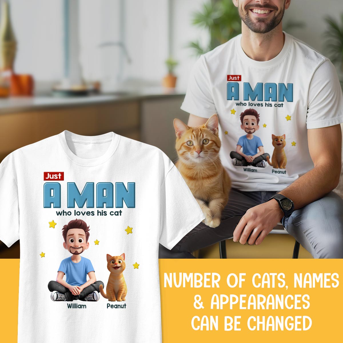 Just A Man Who Loves His Cat Cartoon Funny Cats Personalized Shirt, Birthday Gift, Father's Day Gift For Cat Dad