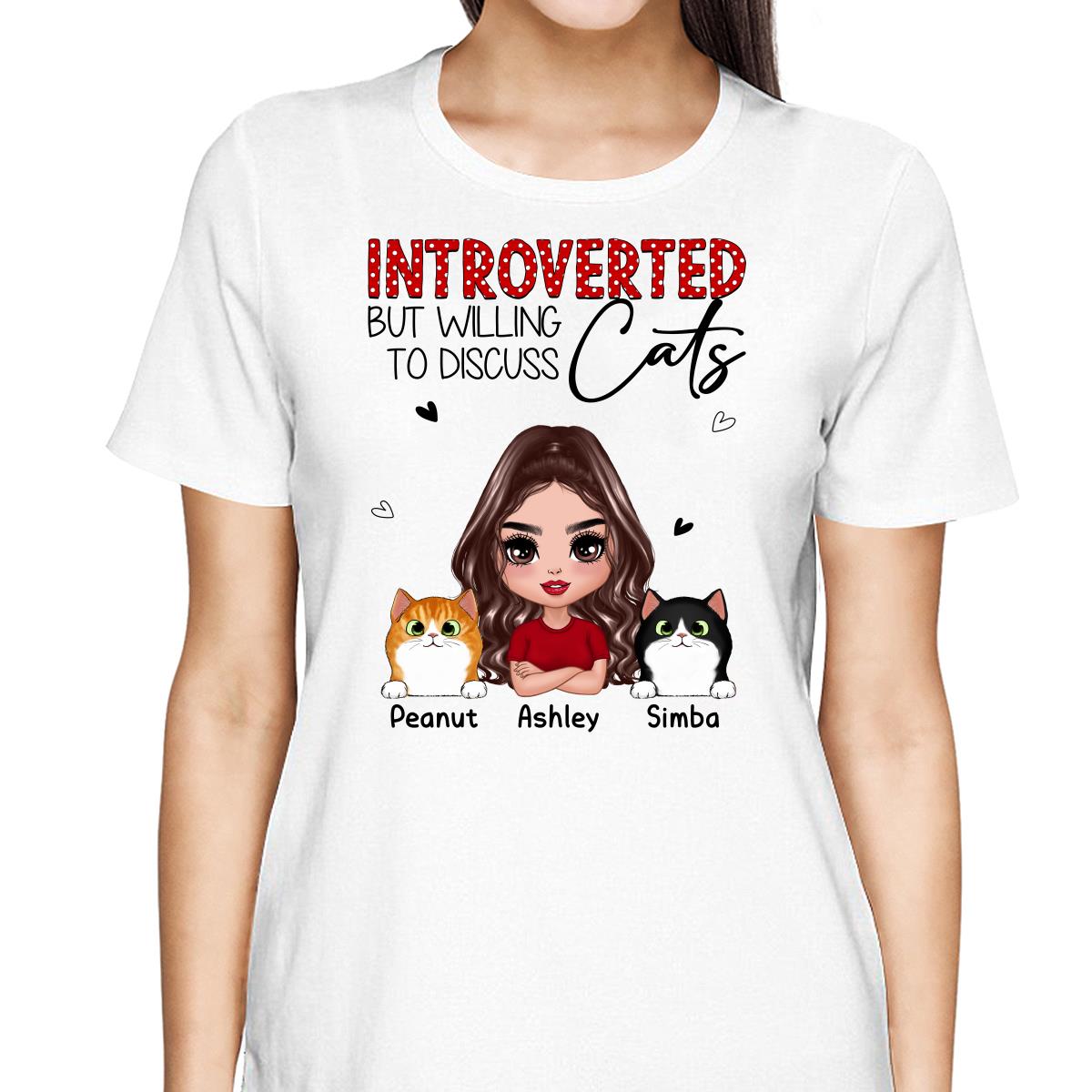 Introverted But Willing To Discuss Cats Funny Doll Cat Mom Polka Dot Pattern Personalized Shirt