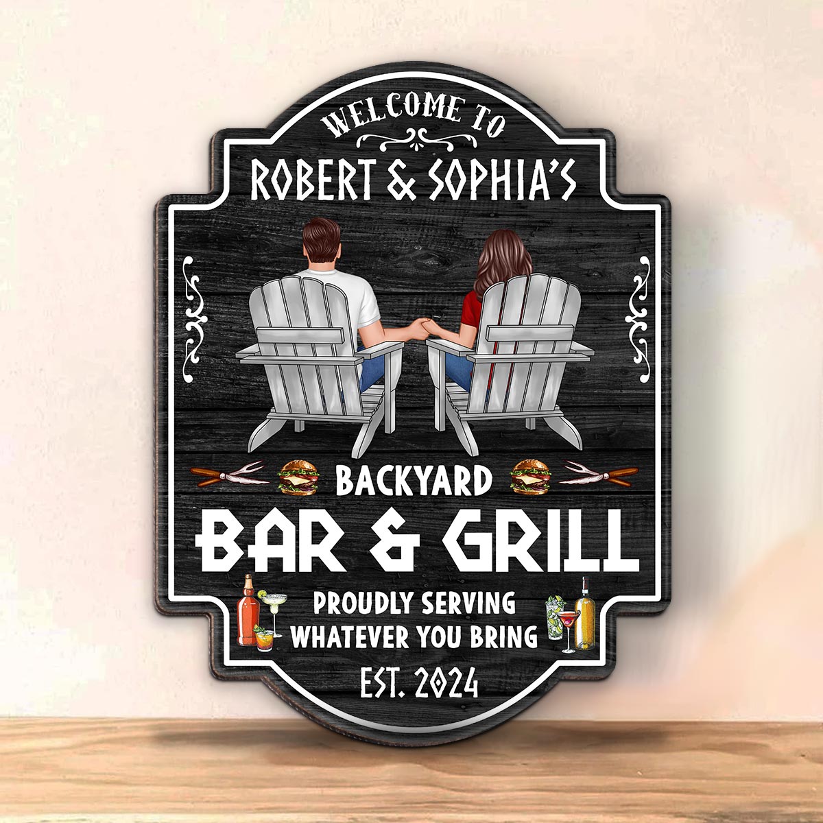 Backyard Bar & Grill Couple Sitting Personalized Wood Sign