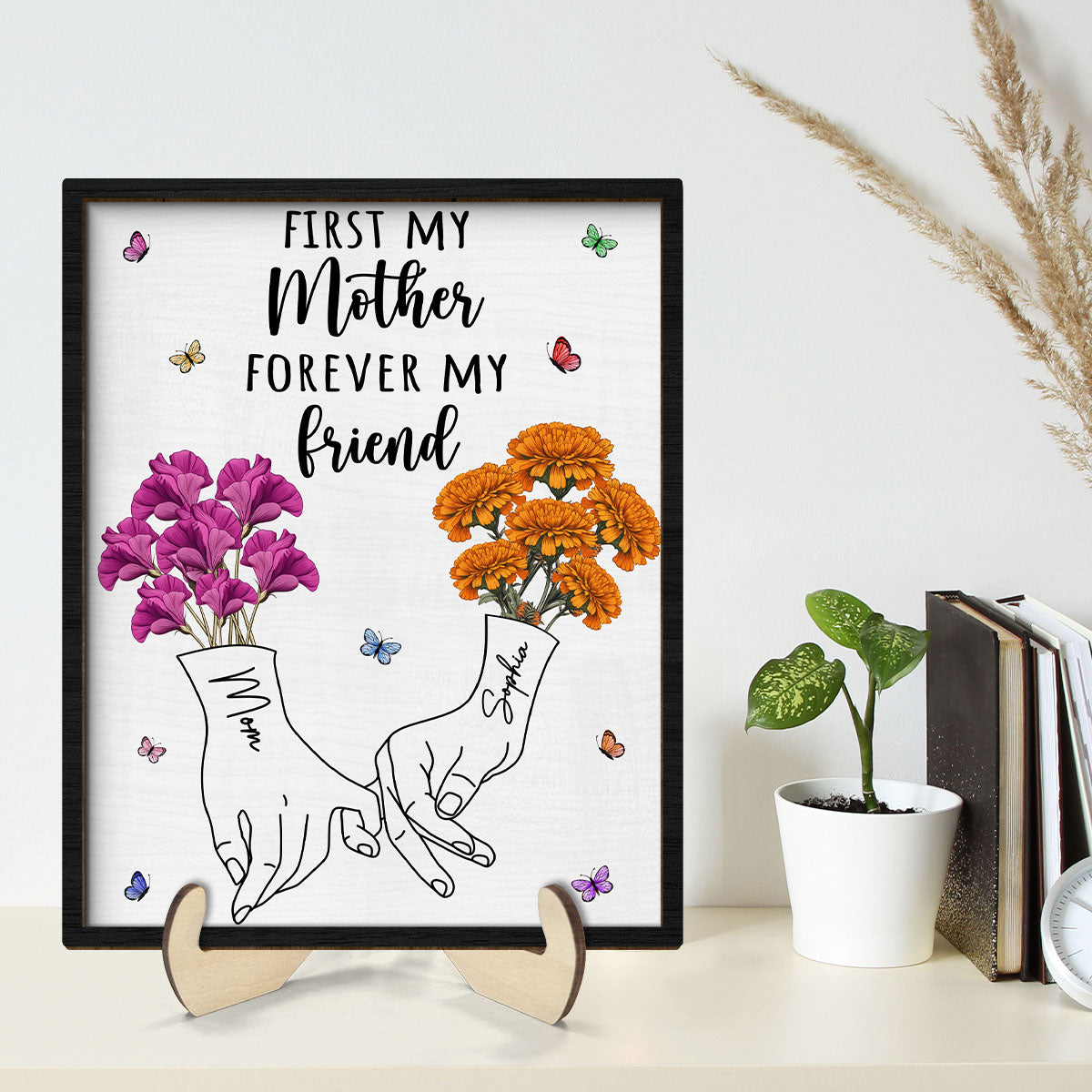 First My Mother Forever My Friend Vintage Birth Month Flowers Gift For Mom 2-Layer Personalized Wooden Plaque