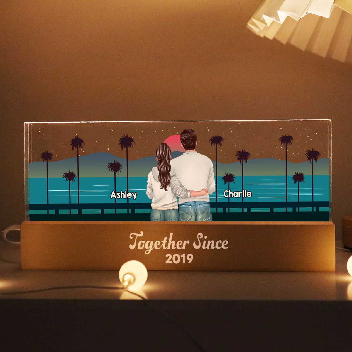Retro Back View Couple Standing Hugging Personalized Acrylic Block LED Night Light