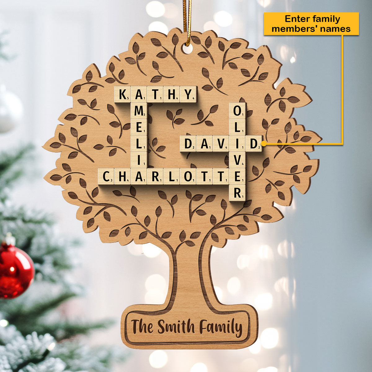 Family Tree Of Life Crossword Wood Ornament, Personalized Family Wood Ornament