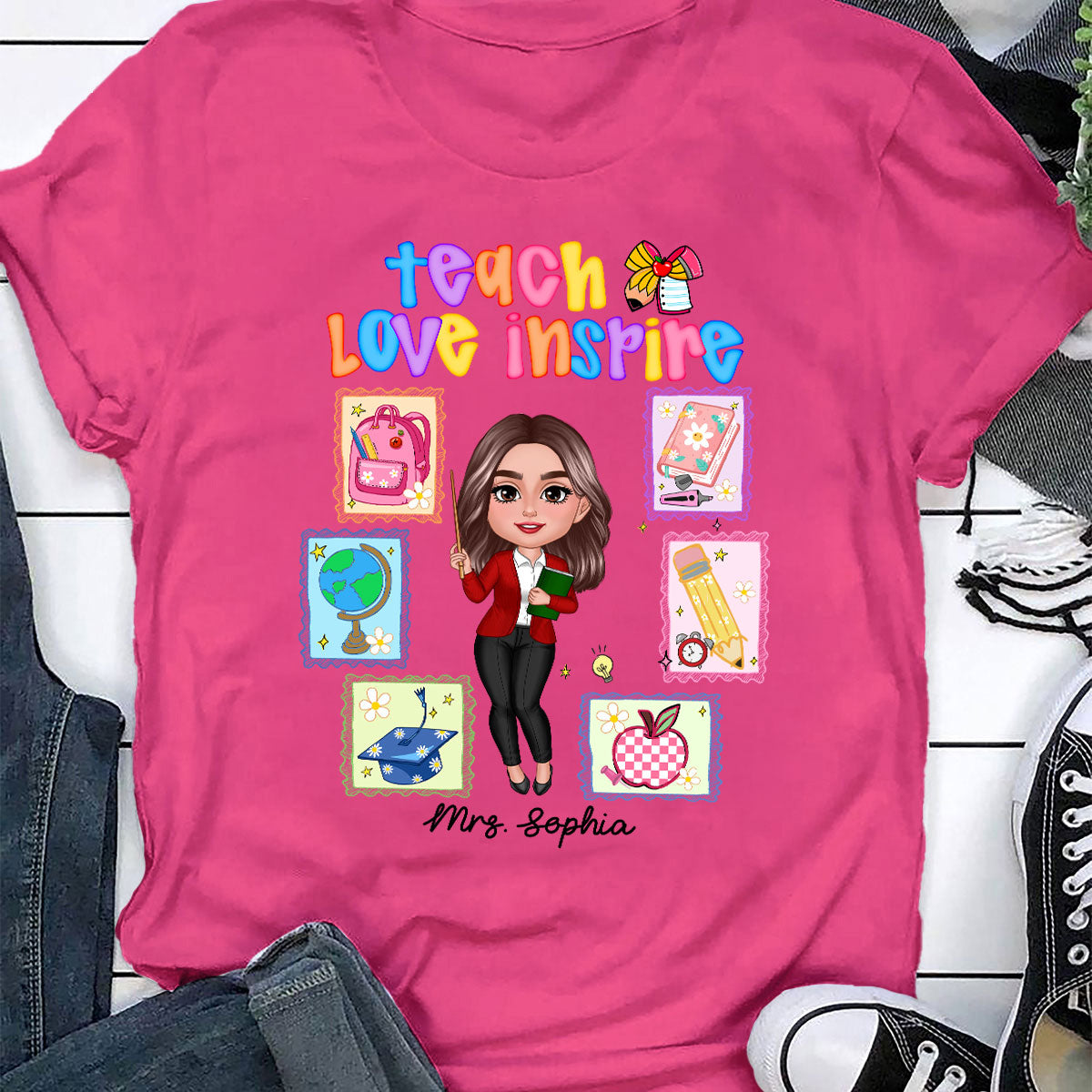 Teach Love Inspire Preppy School Thing Stamp Teacher Personalized Shirt, Back to School