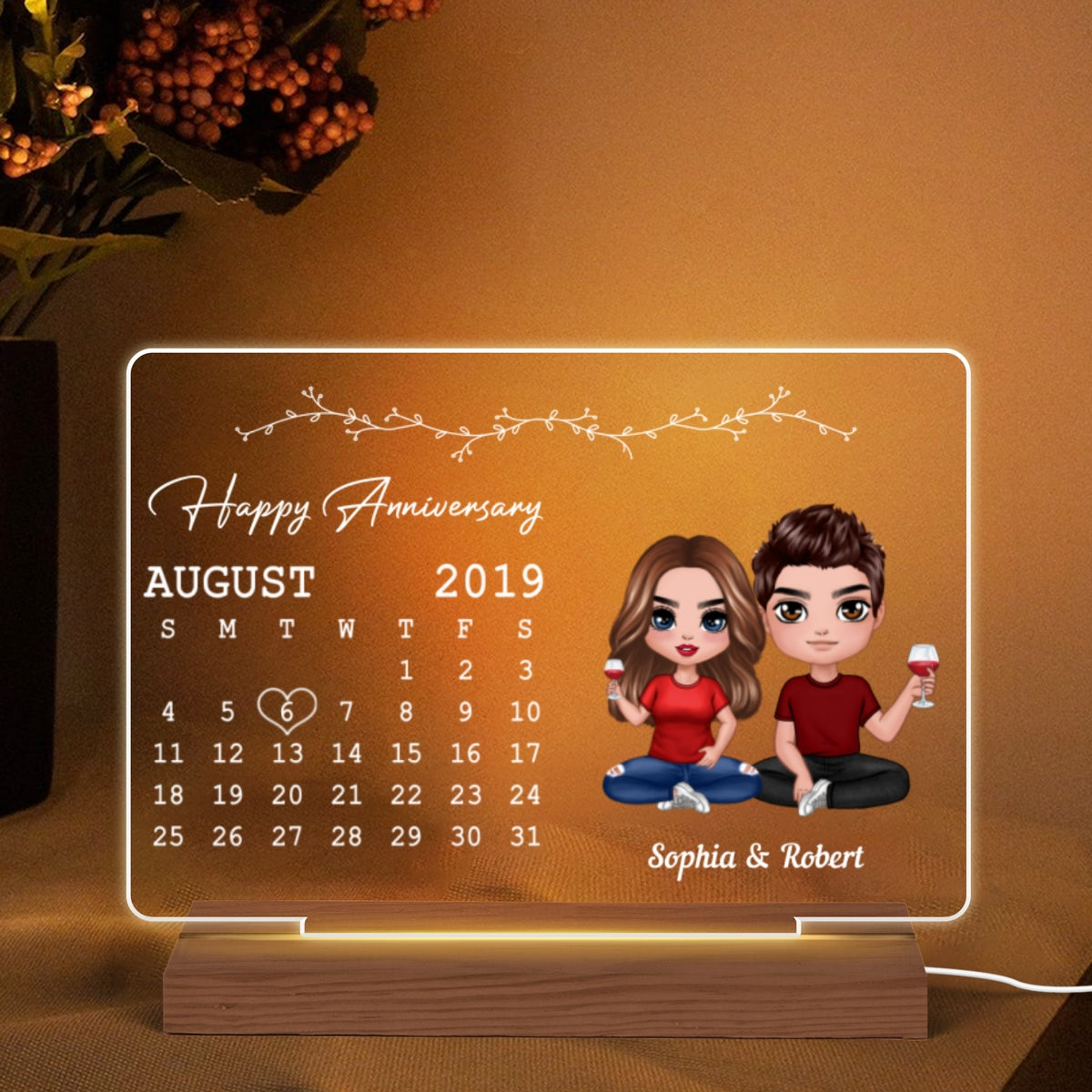 Doll Couple Calendar Anniversary Gift Rectangle Personalized Custom Shape Acrylic Plaque With LED Night Light - Anniversary Gift For Couple - Gift For Him Gift For Her
