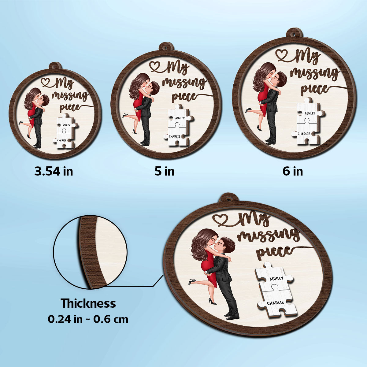 My Missing Piece Couple Hugging Kissing Personalized 2-Layer Wooden Ornament
