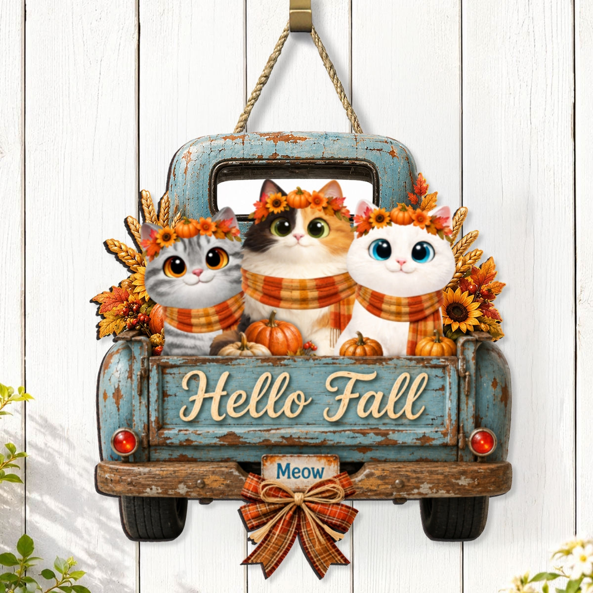 Hello Fall Pumpkin Cats - Personalized Door Hanger Sign - Cozy Fall Decor for Cat Lovers