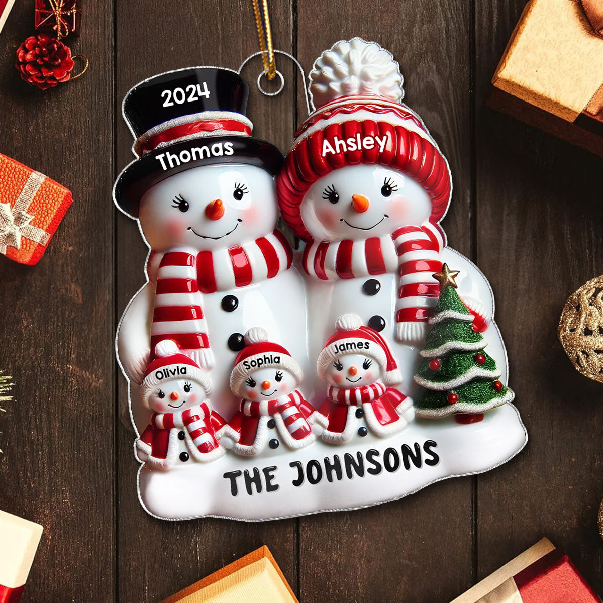 Snowman Family Glossy Effect Christmas Decor Personalized Acrylic Ornament