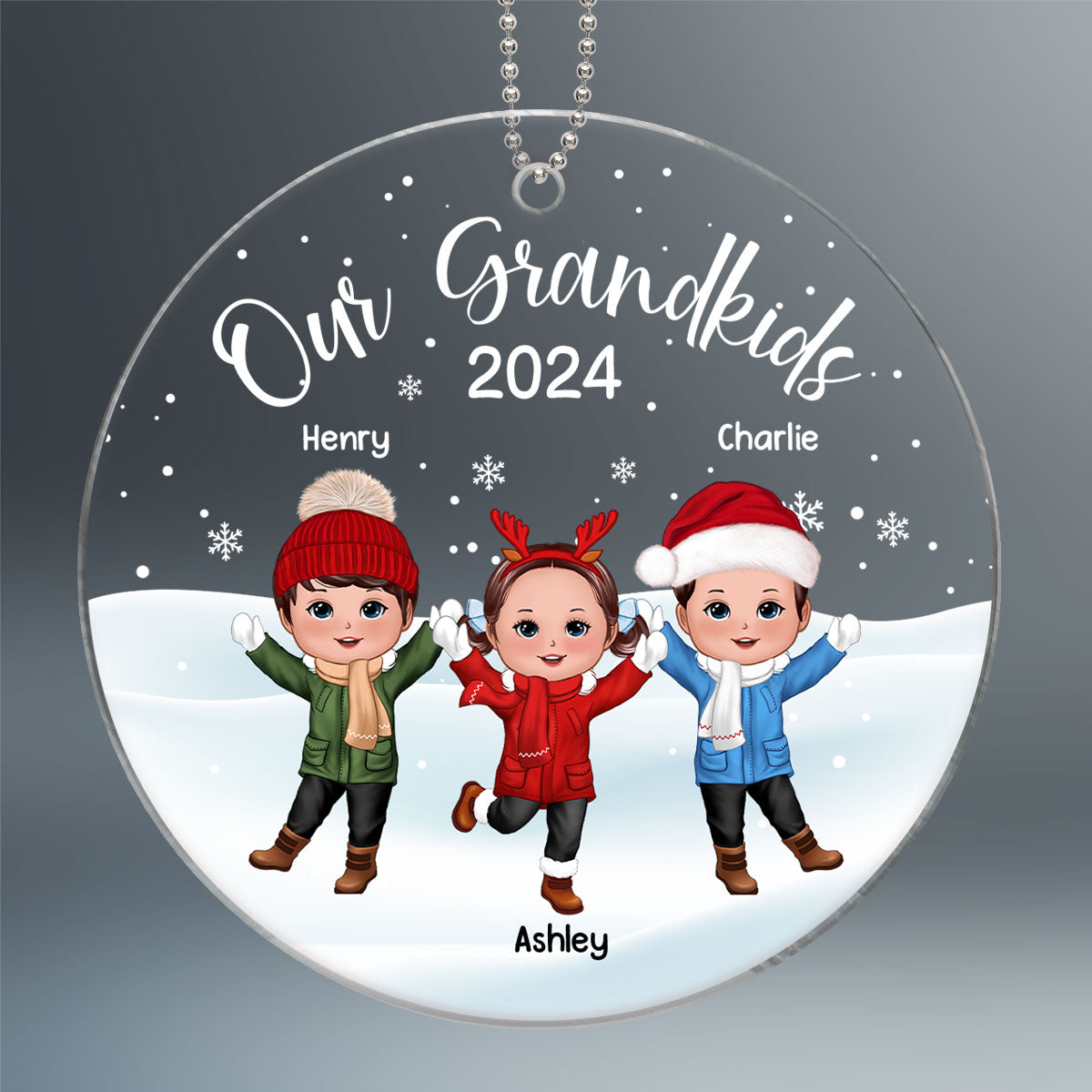 Our Grandkids Happy Doll Kids In Snow Personalized Acrylic Ornament