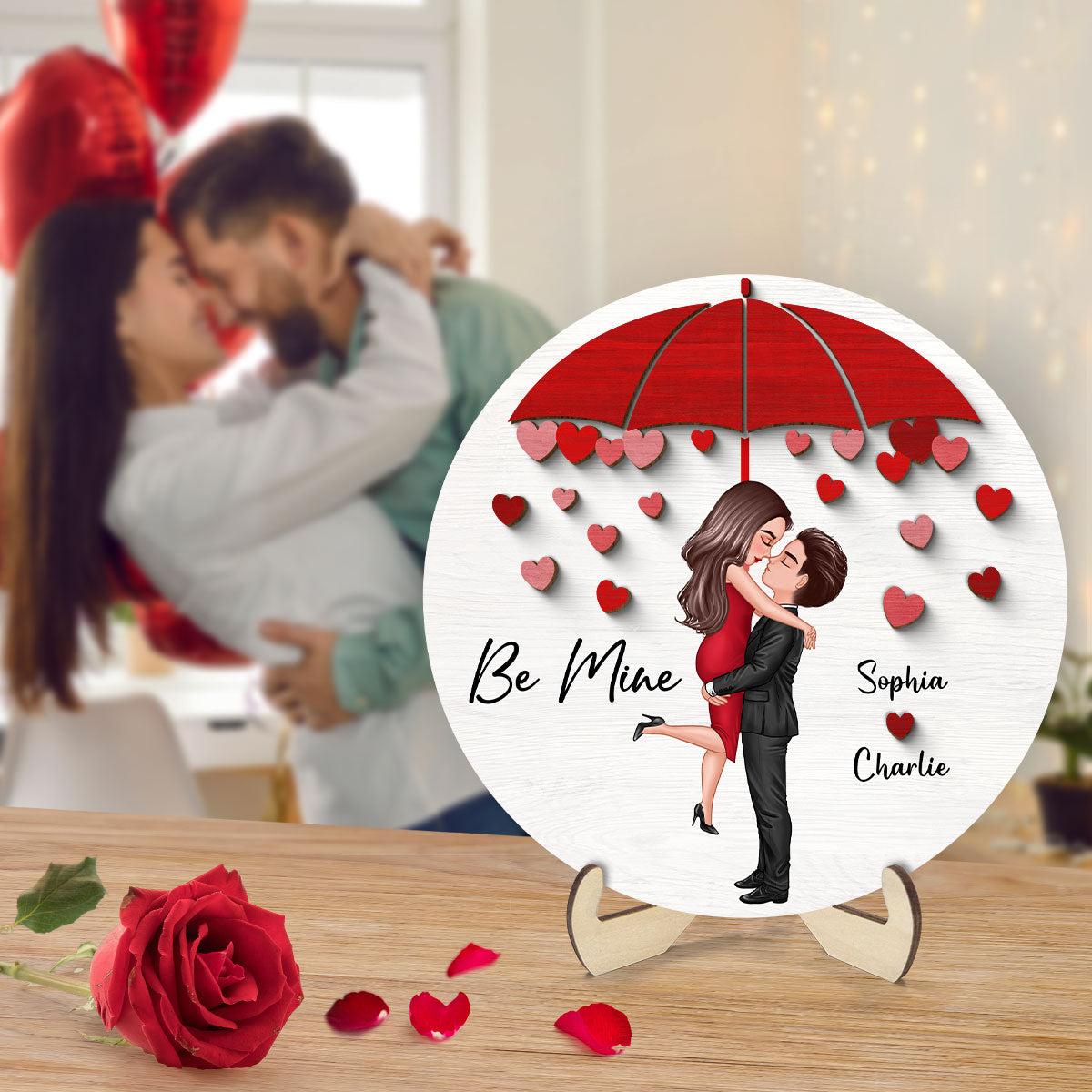 Be Mine Couple Kissing Under Umbrella Personalized 2-layer Wooden Plaque