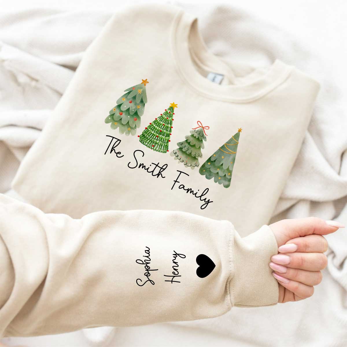 Family Christmas Tree Watercolor Personalized Sleeve Printed Sweatshirt
