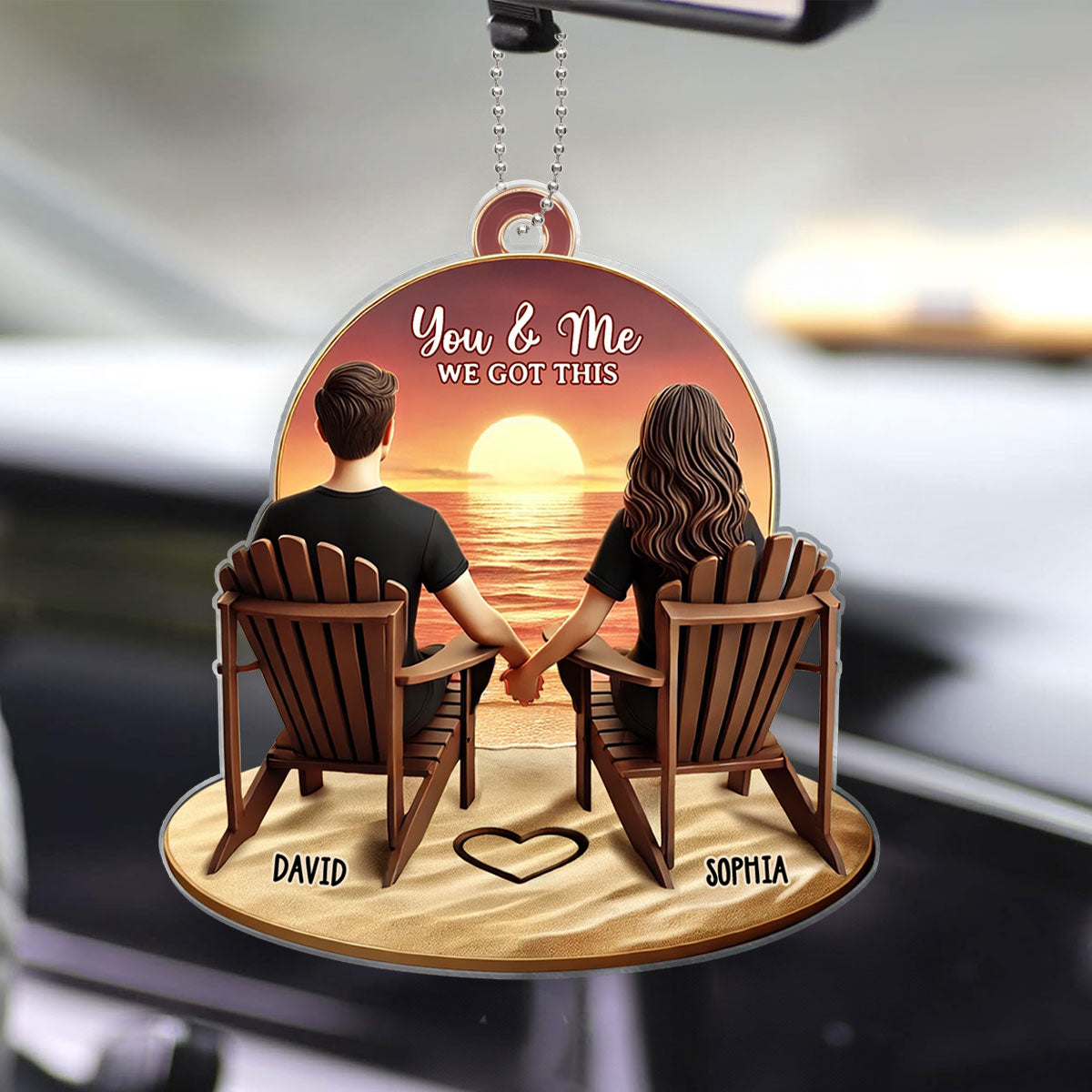 3D Effect Couple Beach Landscape Retro Vintage Personalized Car Hanger, Anniversary Gift For Couple