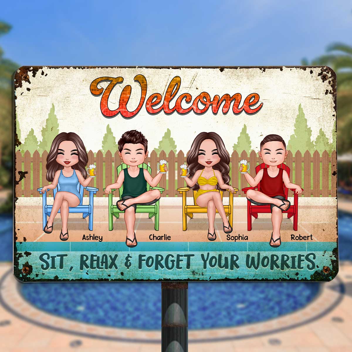 Welcome To Pool Friends Colorful Adirondack Chair Personalized Metal Sign