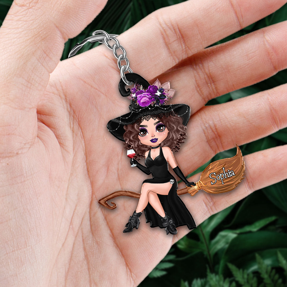 Custom Character Halloween Doll Witch On Broom Gift For Best Friend Gift For Mom Grandma Personalized Acrylic Keychain