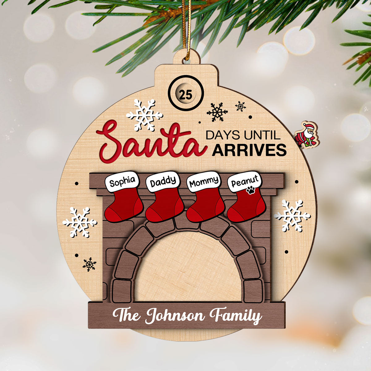 Days Till Santa Arrives Family Christmas Stockings Fireplace Personalized Countdown Ornament