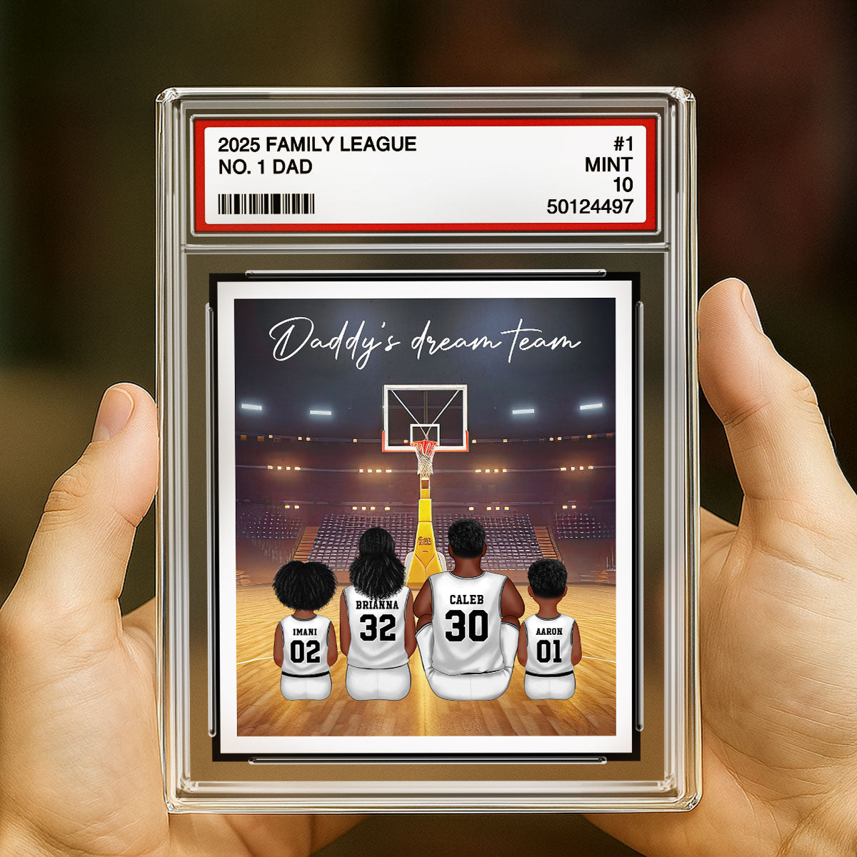 Basketball Daddy's Dream Team No. 1 Dad Man & Kids Sitting Trading Card Style Personalized Acrylic Block Plaque