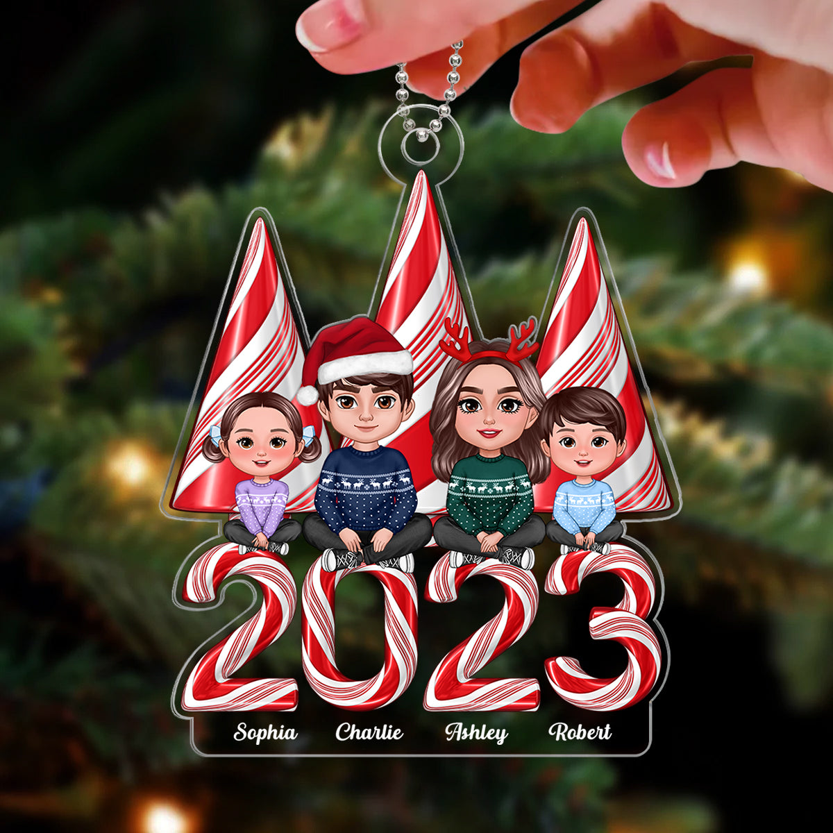 Family Crossed Legs Sitting Candy Cane Stripes Christmas Tree 2023 Personalized Acrylic Ornament