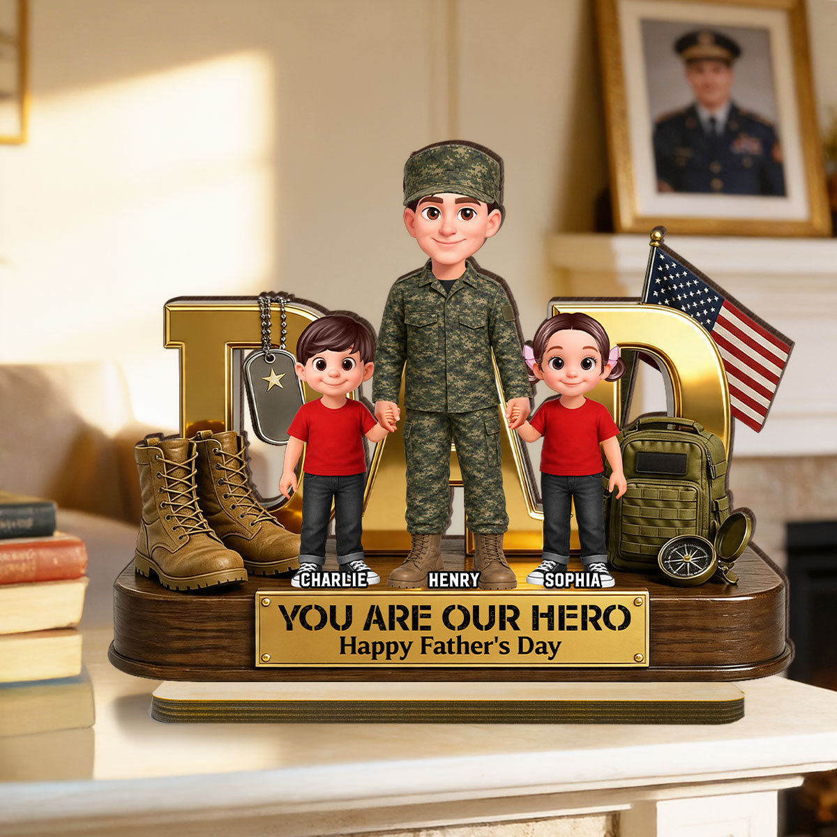 Proud American Millitary Dad - Personalized 2-Layered Wooden Plaque - Father's Day Gift For Dad, Husband