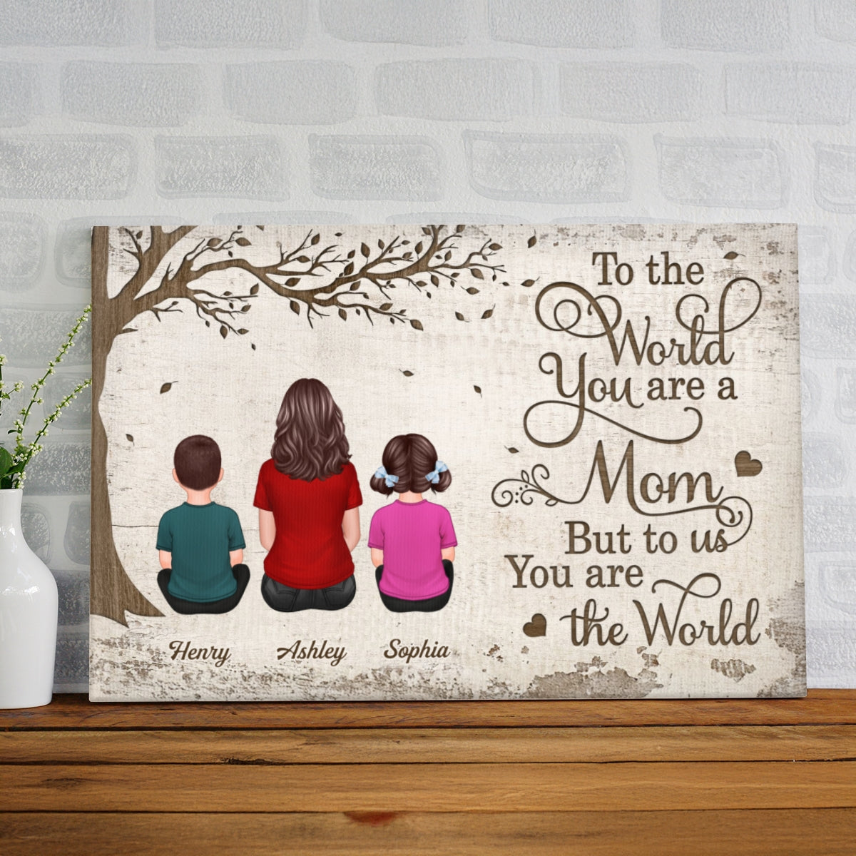 Back View Mom And Kids Dogs Cats Sitting Personalized Wrapped Canvas