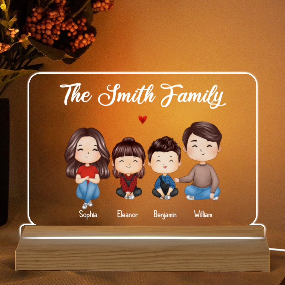 Whole Family Couple Dad Mom Kids Dogs Cats Watercolor Styles Sitting Personalized Custom Shape Acrylic Plaque LED Night Light