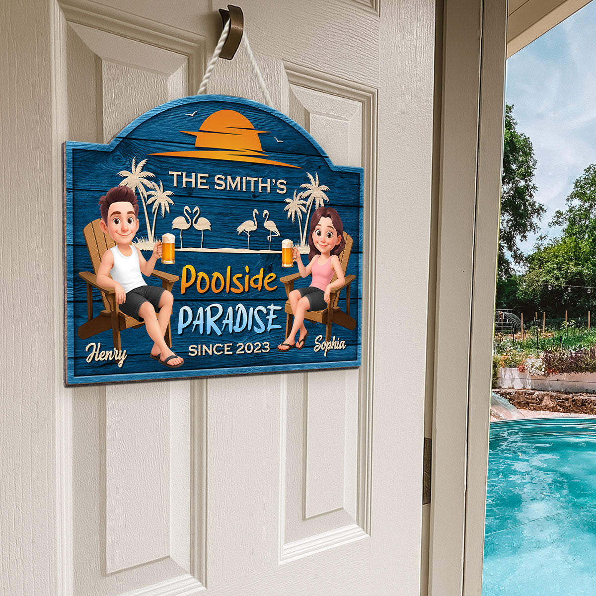 Cute Cartoon Couple Family Poolside Paradise Personalized Wood Sign