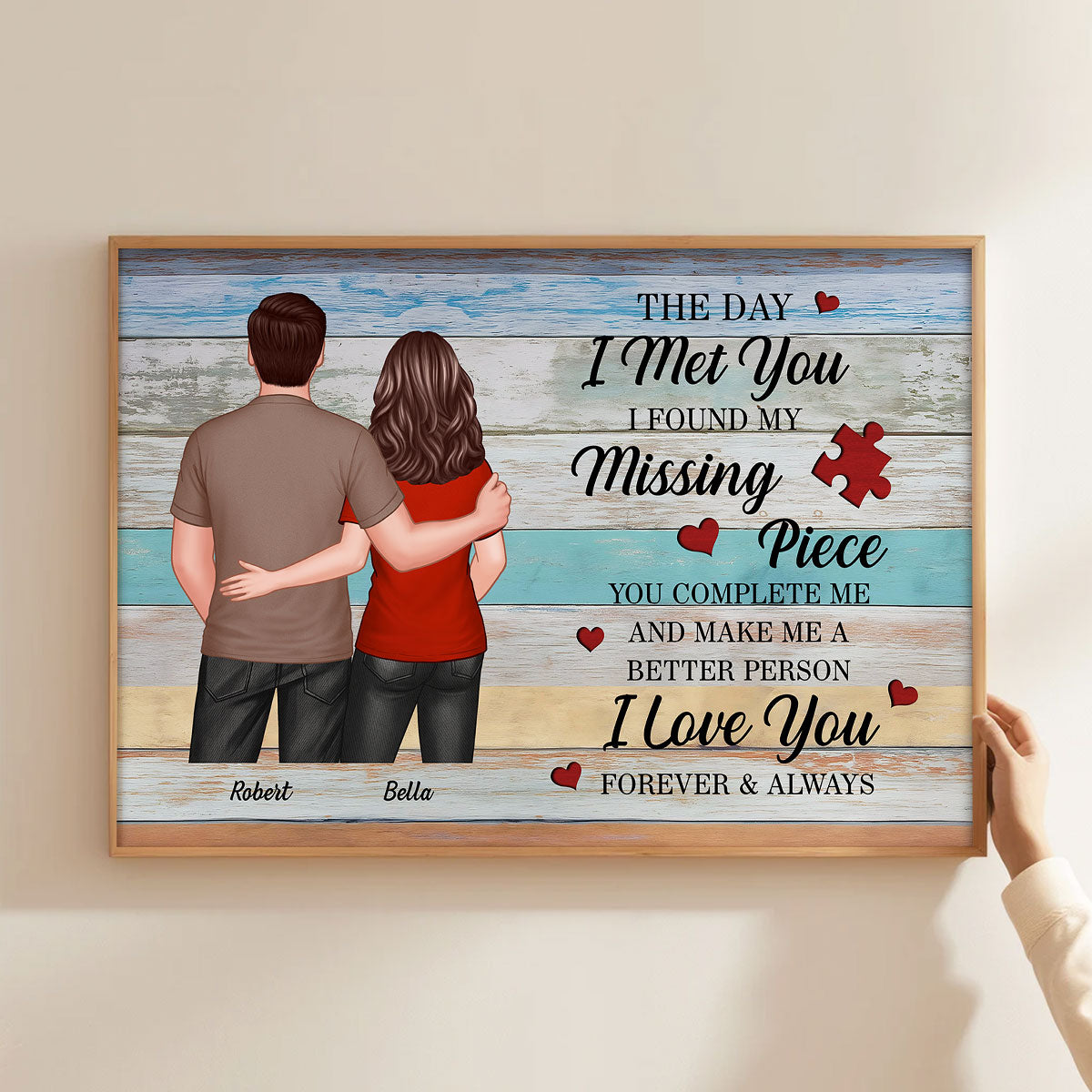 Couple Standing Back View Colorful Wood Pallets Personalized Poster