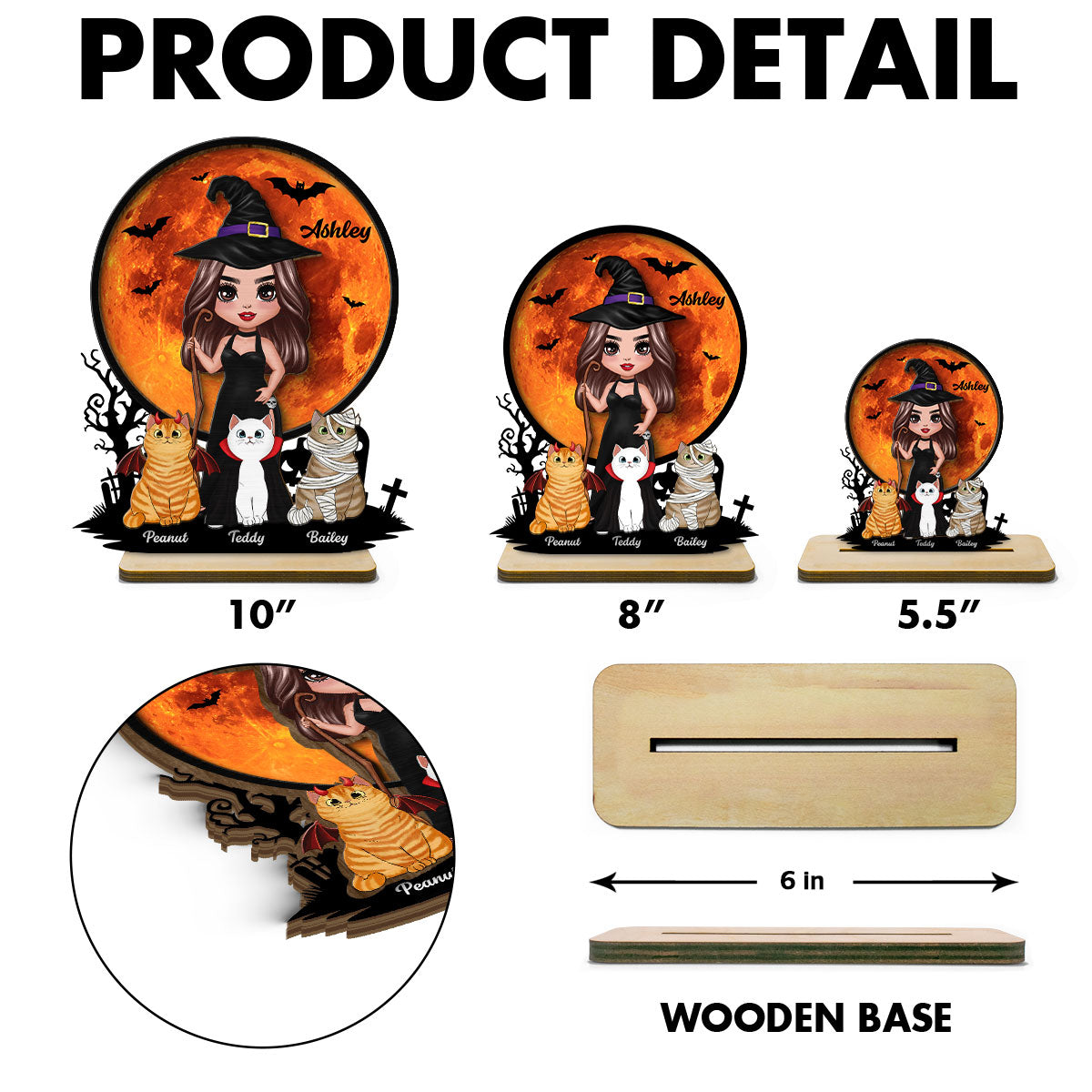 Witch Cat Mom Under Halloween Moon Tabletop Tier Tray Decor Personalized 2-Layer Standing Wooden Plaque
