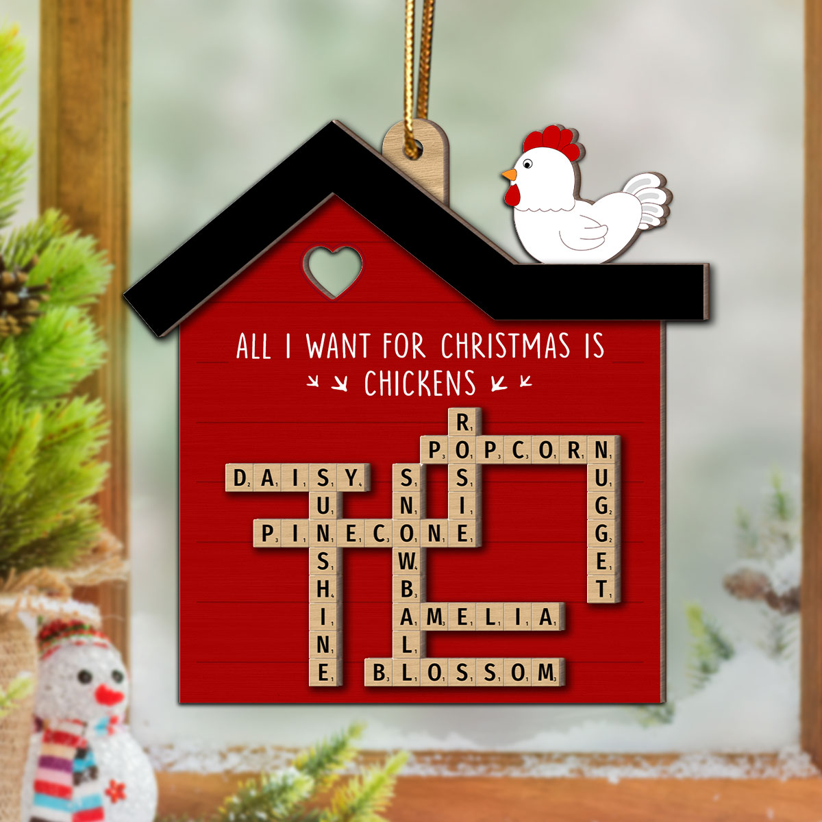 Chicken Coop Crossword Puzzle Art Personalized 2-Layer Wooden Ornament