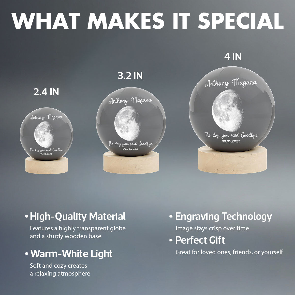 The Day You Said Goodbye Custom Moon Phase - Personalized Crystal Ball LED Night Light - Memorial Remembrance Keepsake