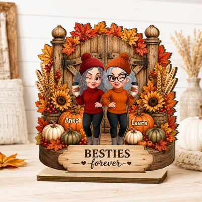 Besties Forever Fall Decor - Personalized 2-Layered Wooden Plaque - Cozy Fall Gift for Best Friends