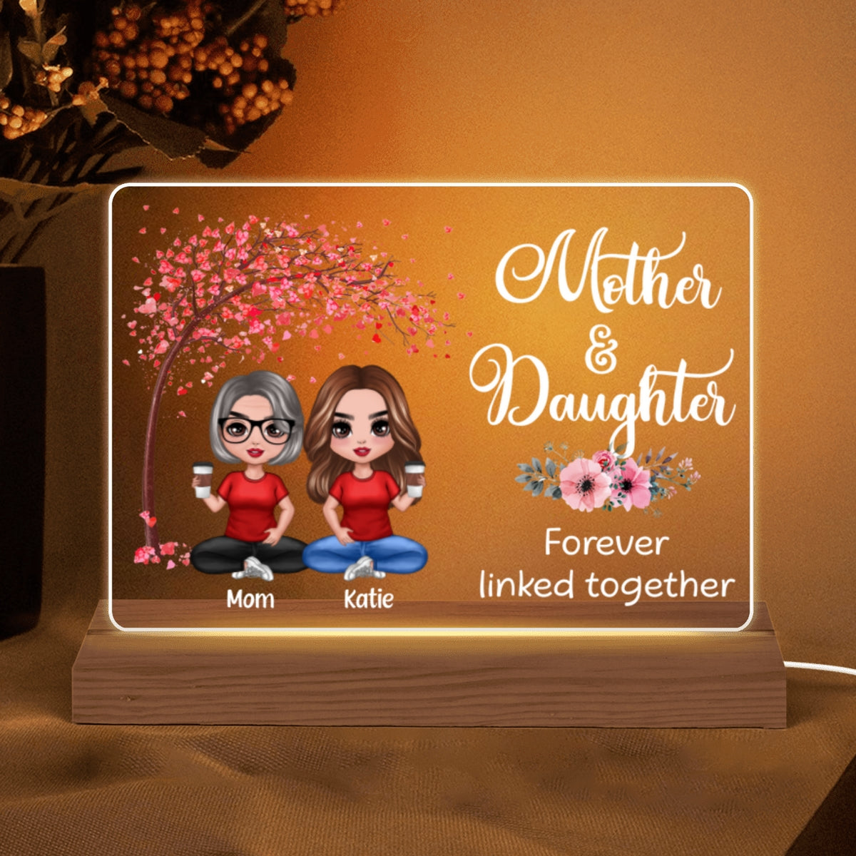 Doll Mom And Daughters Sitting Under Pink Tree Personalized Custom Shape Acrylic Plaque LED Night Light