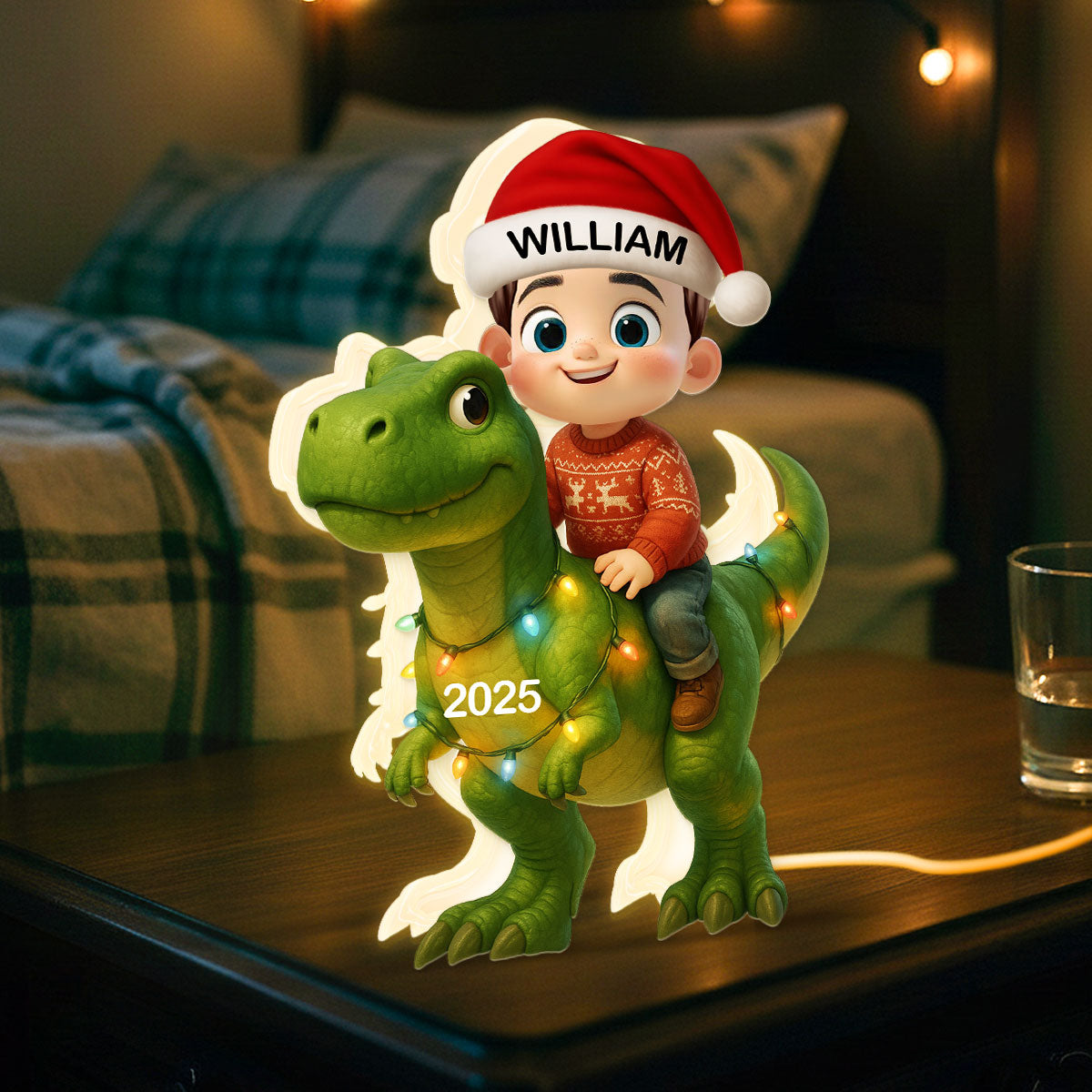 3D Effect Cute Cartoon Kid With Dinosaur Christmas Personalized LED Light Box