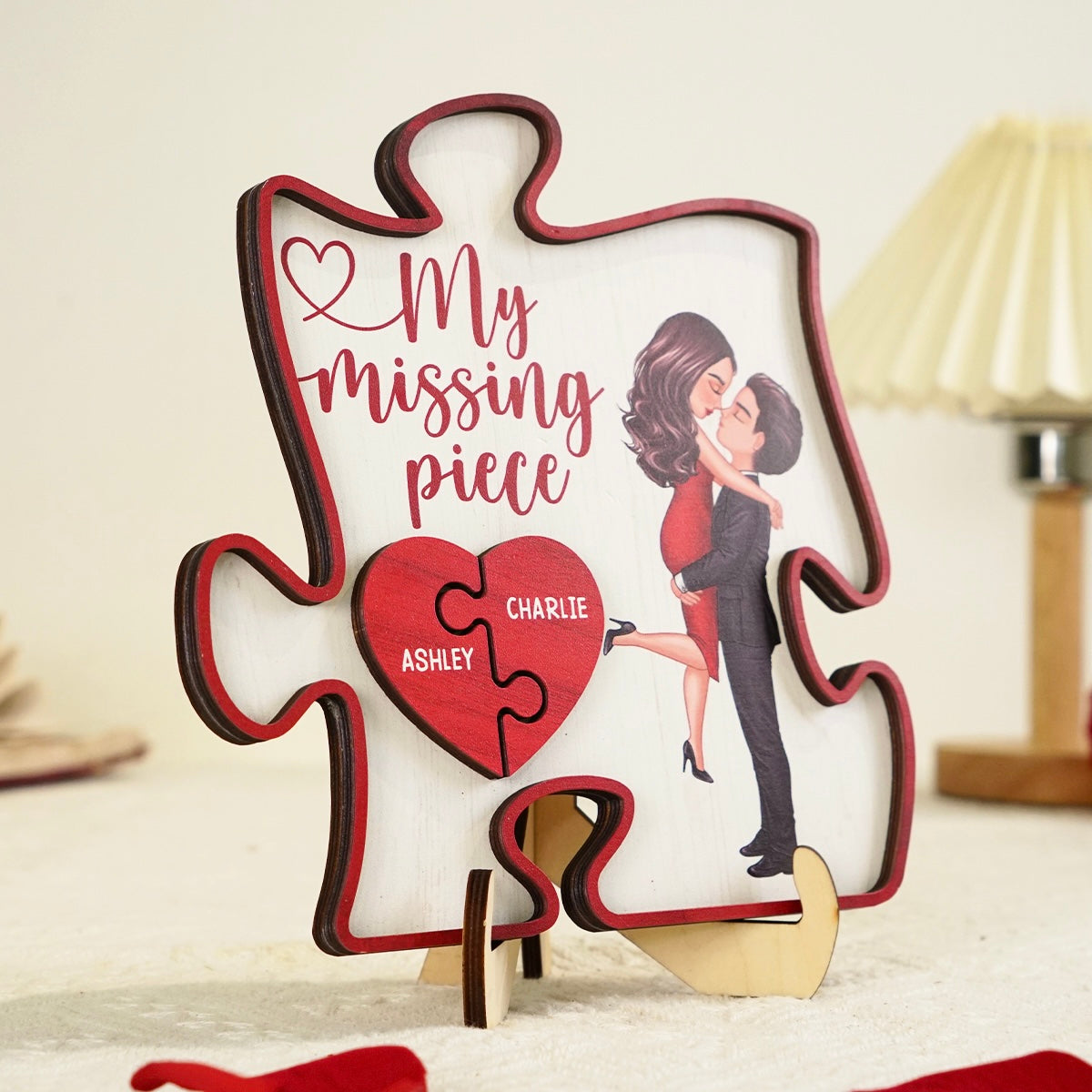 My Missing Piece Couple Hugging Kissing Red Puzzle Shaped Personalized 2-Layer Wooden Plaque, Anniversary Gift,  Gift