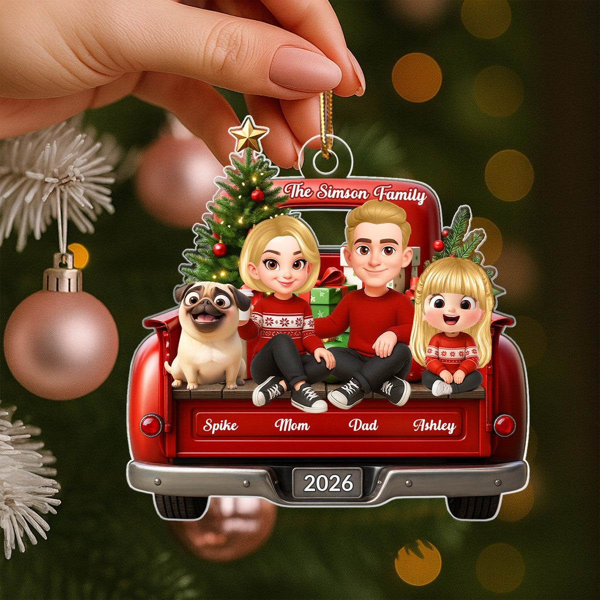 Family Sitting On Christmas Truck Personalized Acrylic Ornament, Christmas Gift for Husband, Wife
