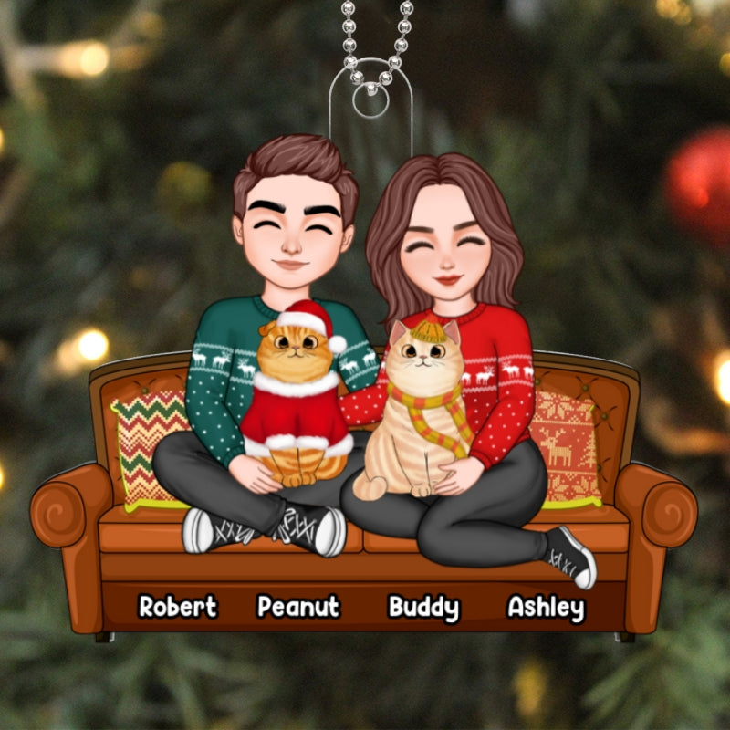 Couple Hugging Cats Sitting On Couch Personalized Christmas Acrylic Ornament