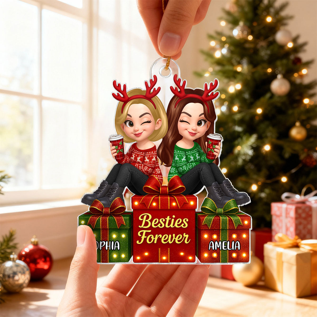Besties Forever Beautiful Marquee Pattern Effect Gift Box Christmas - Personalized Acrylic Ornament