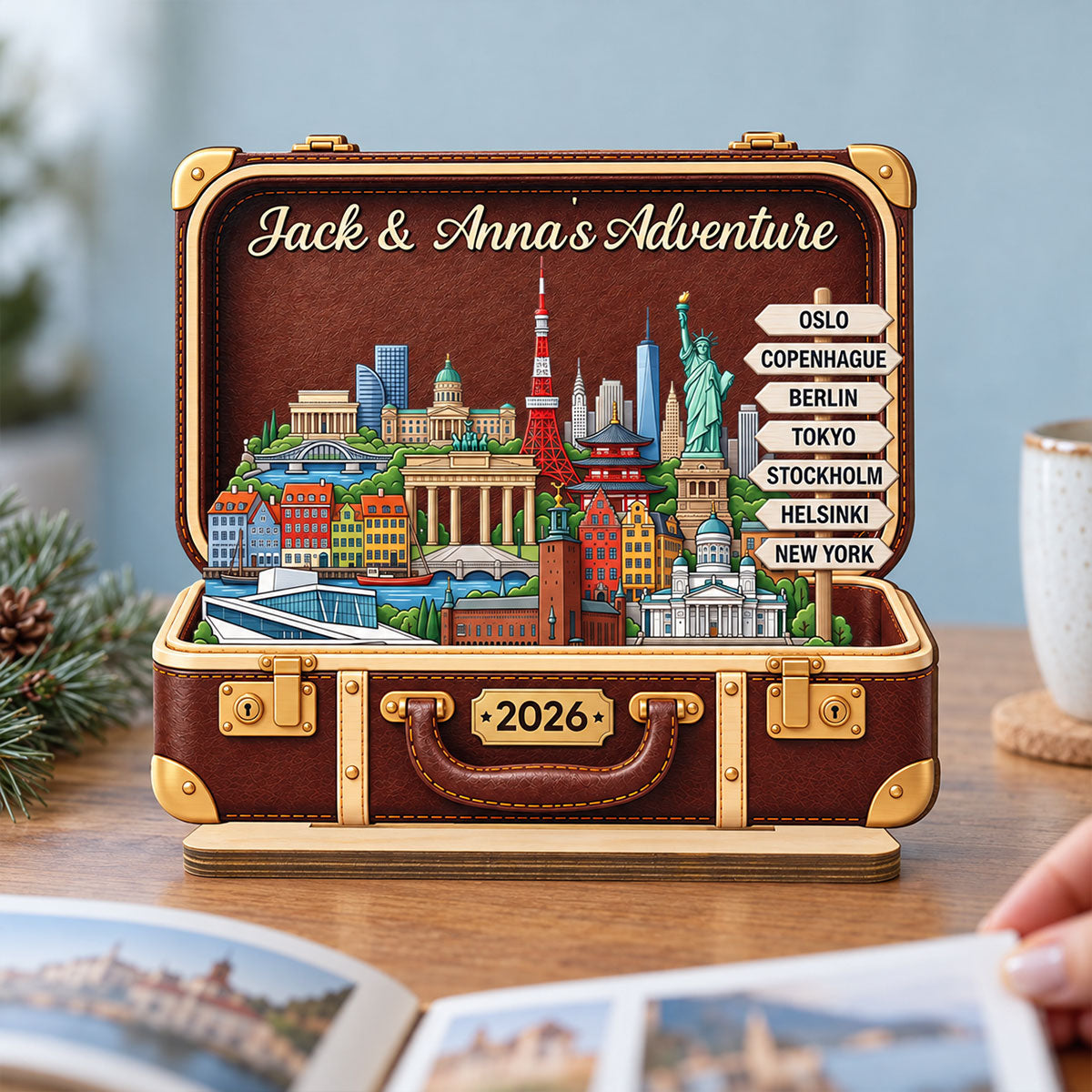Custom Travel Adventure Suitcase 2D Flat Printed - Personalized 2-Layered Wooden Plaque - Traveling Destination Keepsake, Christmas Gift For Traveling Lovers