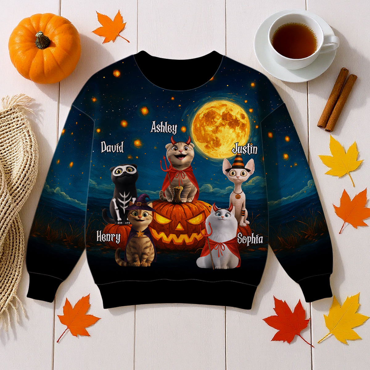 Halloween Cats Sitting in a Starry Night Personalized 3D Sweatshirt, Halloween Costume for Cat Lovers