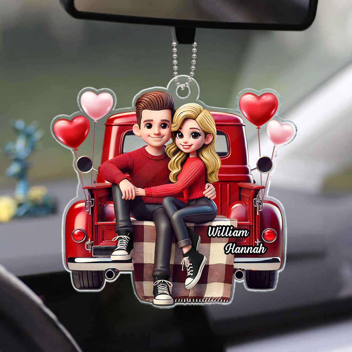 3D Effect Couple Sitting On Red Truck Personalized Acrylic Car Hanger,  Gift, Anniversary Gift For Couples