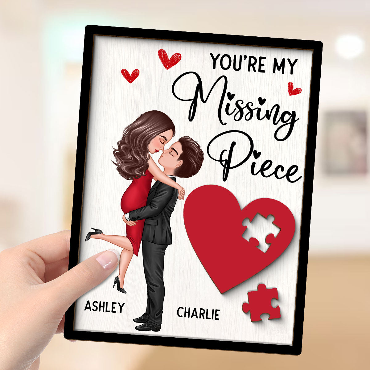 Couple Missing Piece Red Heart Valentine‘s Day Gift Personalized 2-layer Rectangle Wooden Plaque