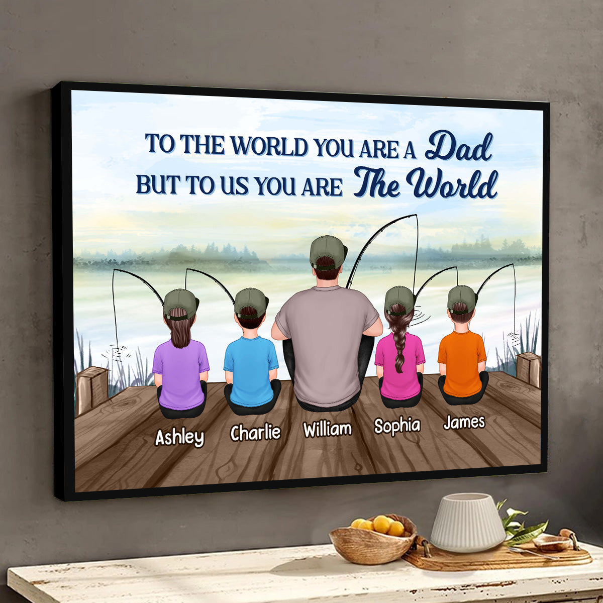 Fishing Back View Dad And Kids Sitting Personalized Horizontal Poster| Heartfelt Father's Day Gift For Dad