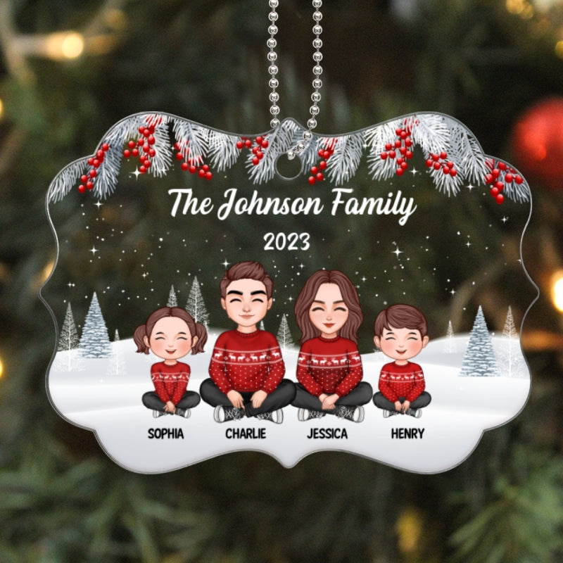 Cute Family Sitting In Snow Personalized Acrylic Ornament