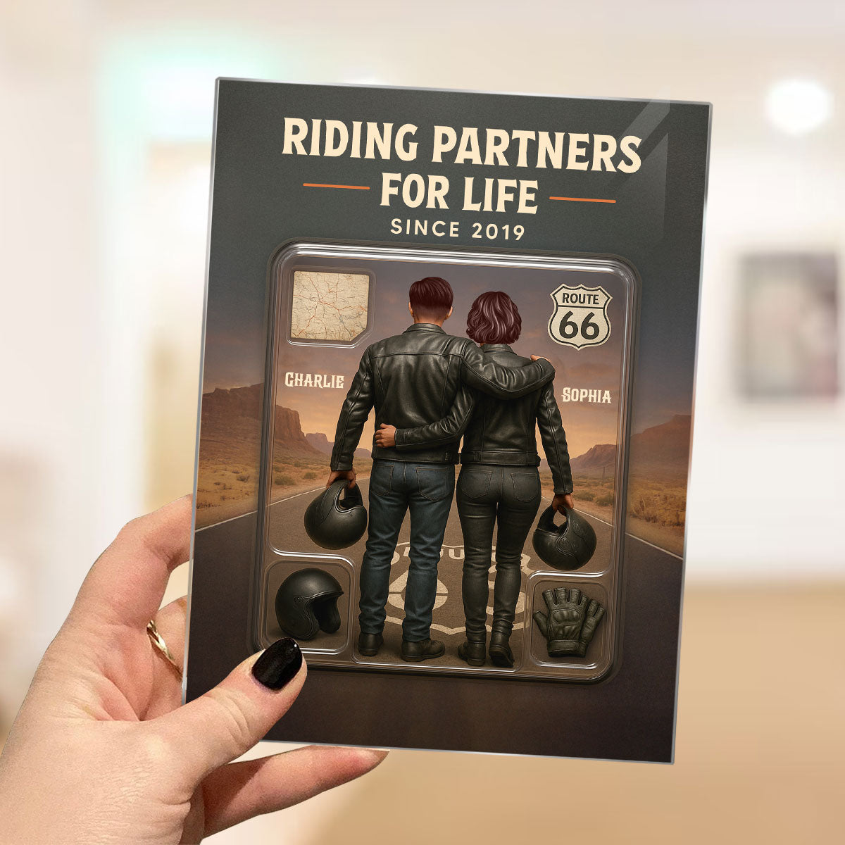 3D Effect Custom Figure Couple Bikers Riding Partners For Life Personalized Acrylic Plaque