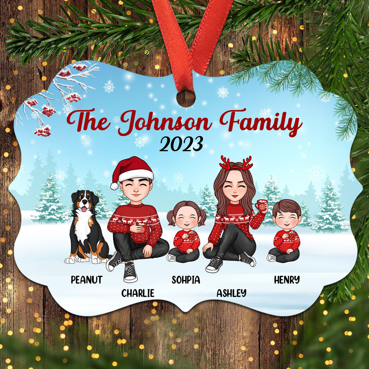 Christmas Berry Tree Cute Family Dad Mom Kids Dogs Cats Sitting In Snow Personalized Christmas Ornament