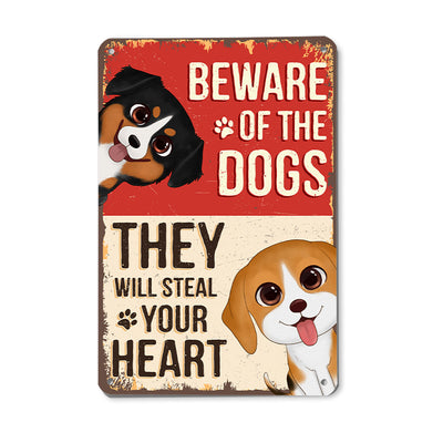 Watercolor Cute Dogs Beware Of The Dogs Personalized Metal Sign